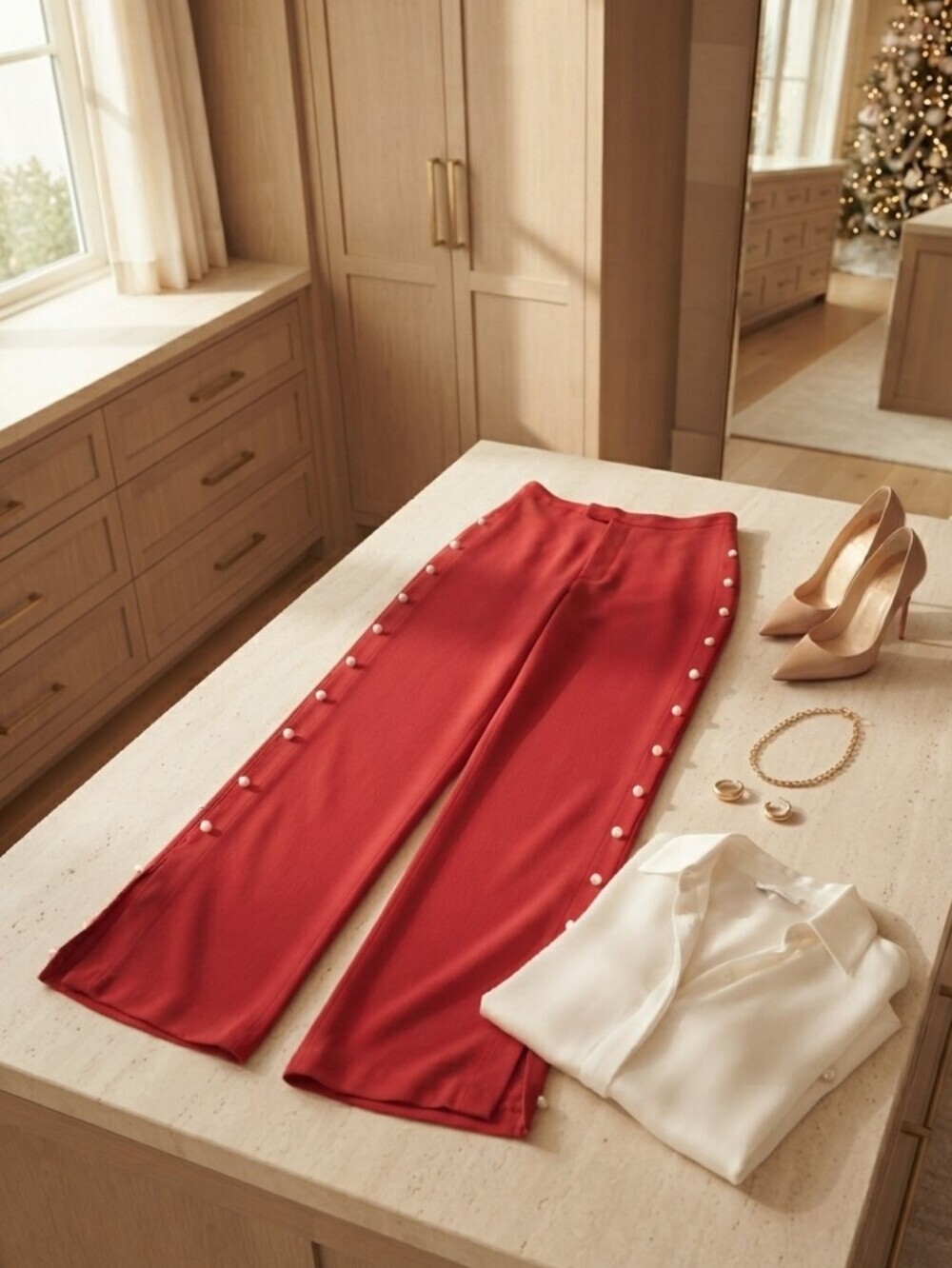 Chelsea & Theodore Red Pearl Embellished Wide Leg Pants Size Medium - Picture 5 of 12
